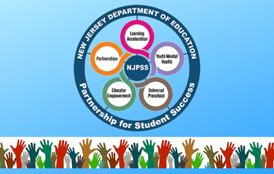 New Jersey Partnership for Student Success (NJPSS) - color wheel of topics; learning acceleration, youth mental health, universal preschool, educator empowerment, partnerships