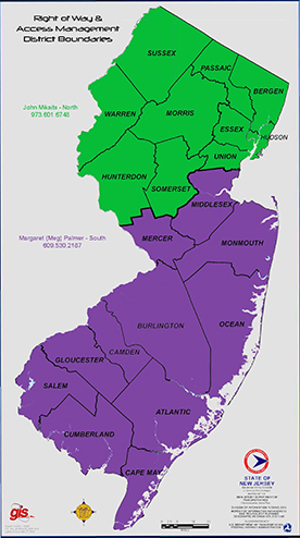 Map of the three regions of New Jersey for Right of Way regional offices.